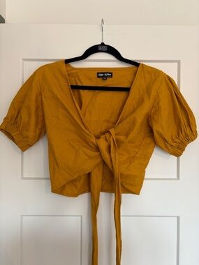 Mustard Tie-Front Puff Sleeve Crop Top